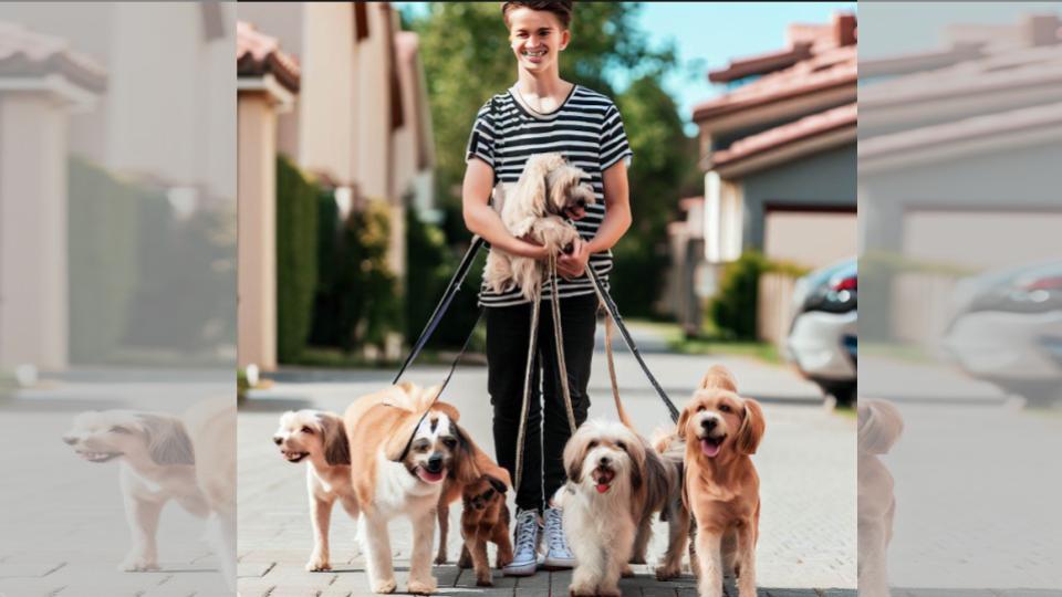 dog walker enjoying neighborhood walk