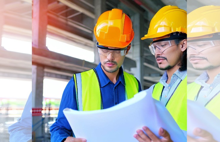 structure engineer discussing blueprint